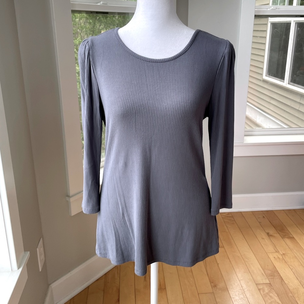 Time and Tru Vintage Blue Ribbed Puff Sleeve Scoop Neck 3/4 Sleeve Top Sz Small